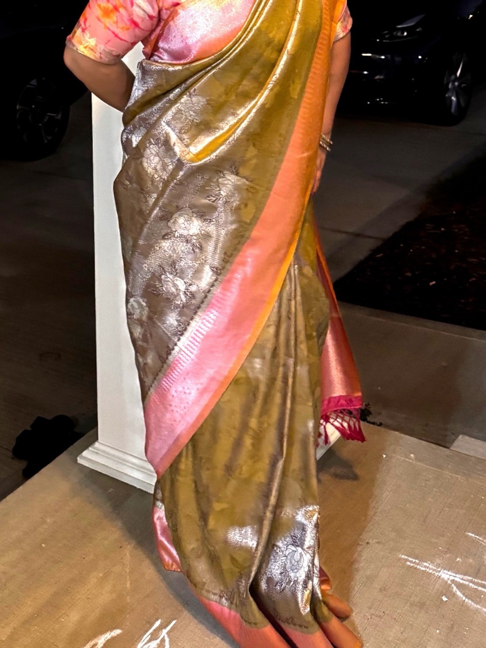 Silk Saree with Pink Border and Olive-Green Body